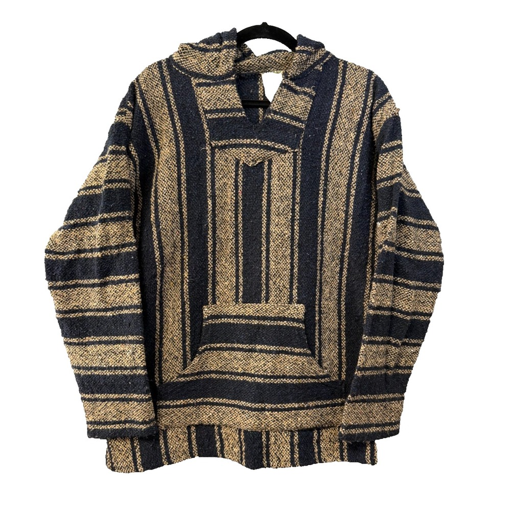 Veracruz Baja Hoodie XL Navy Blue Tan Striped Woven Mexican Pullover Surf Shirt
